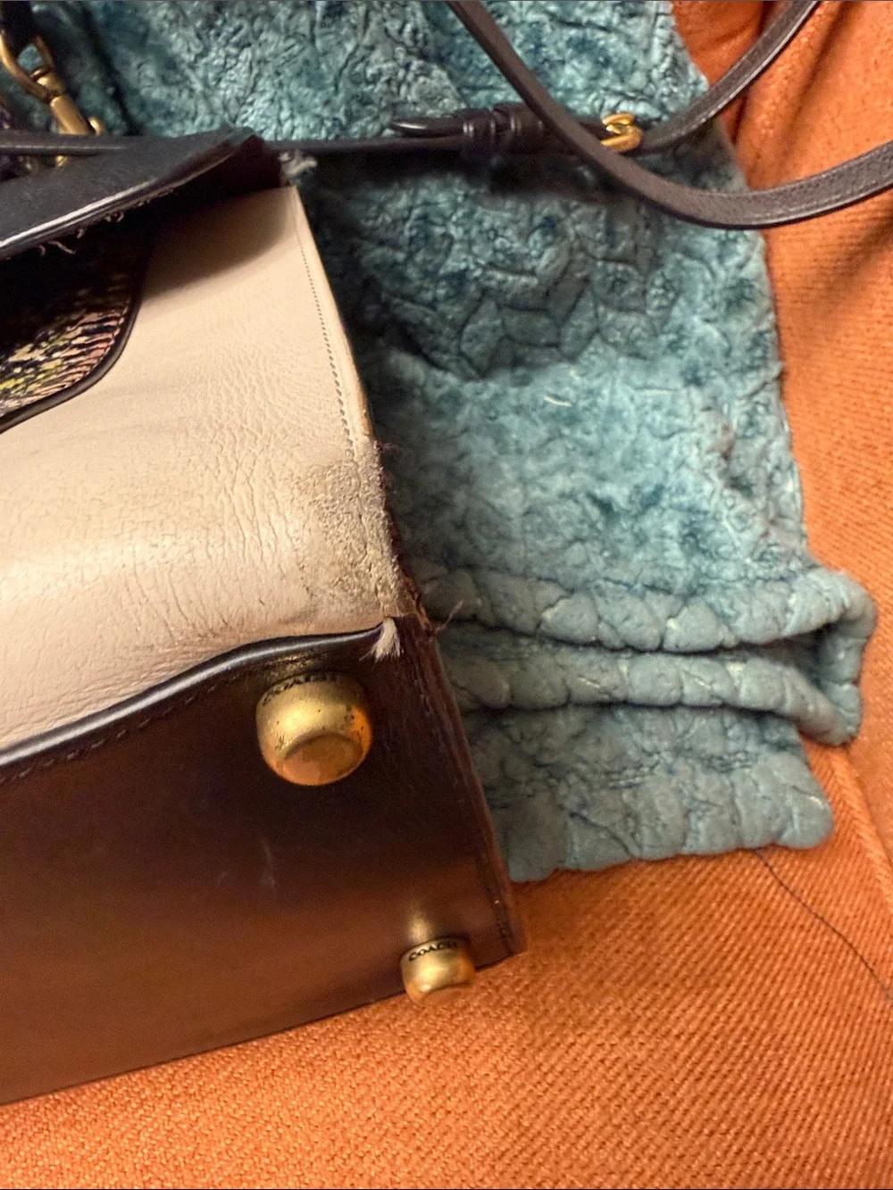 Coach Black, Cream & Multicolor Snakeskin Accent Satchel
